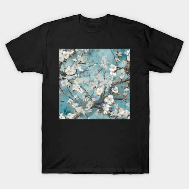 White blossom on Teal Blue Background T-Shirt by kansaikate